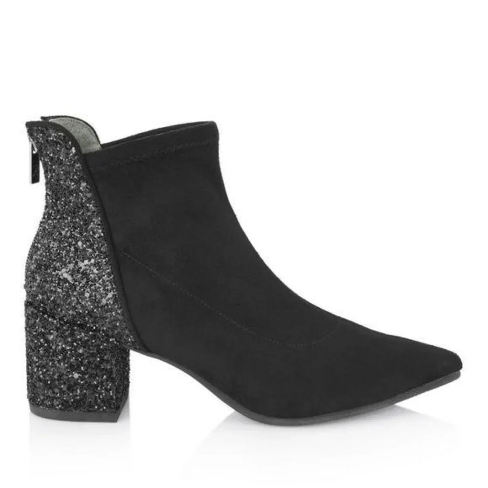 Adrianna Papell Black Honey Leather Suede Sequin Pointed Toe Ankle Bootie 6.5